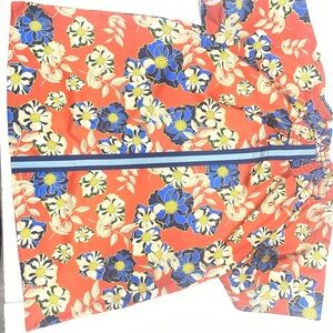 THML Floral Oriental Blouse Top Orange Blue Short Sleeve Smocked Neck Polyester